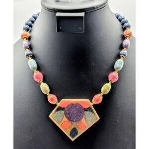 Vintage 90s Lee Sands Abstract Sand Art Colorful Gold Tone Statement Necklace